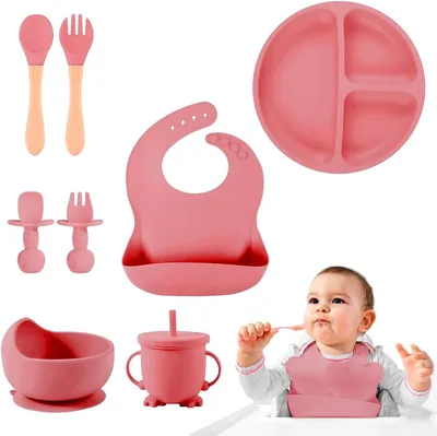 Raganet Juego de Platos y Cubiertos para Bebé de Silicona, Set de 8 Piezas Libres de BPA con Babero, Plato y Tazón, 29% Off