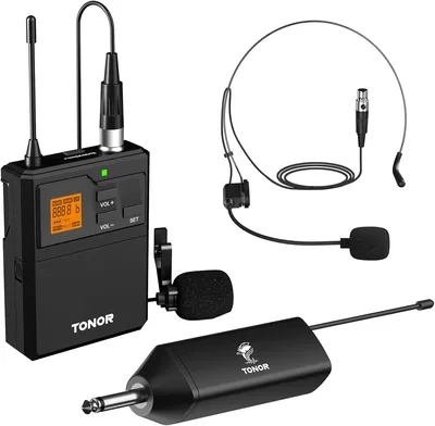 Microphone sans fil TONOR UHF avec casque micro/micro cravate, transmiseur bodypack et récepteur mini rechargeable 6
