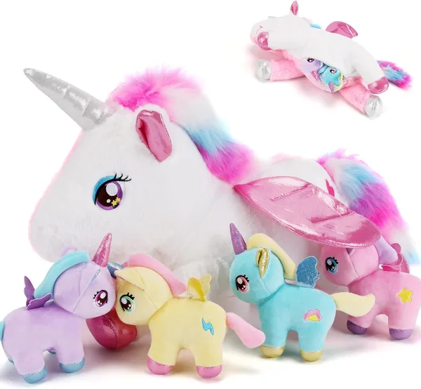 gnomantic 5 Pieces Unicorn Stuffed Animals - 1 Mommy Stuffed Unicorn with 4 Babies