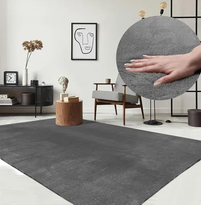 Relax Rug, Modernes, Fluffiges Teppich, Kurzer Flor, Superweich, Flauschig wie Fell, Rutschfester Untersatz, Waschbar bis 30°C, Anthrazit