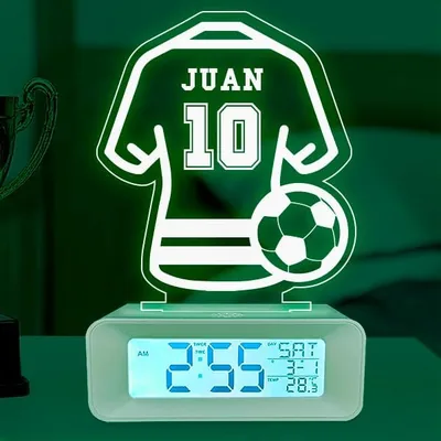 Reloj de alarma transparente personalizado con camiseta de fútbol LED, lámpara con luz nocturna, mesa de noche