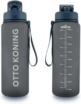 Botella de Agua Deportiva OTTO KONING 1L Sin BPA Hermética para Gimnasio con Boca Amplia, Manguito Resistente, Cepillo y Filtro Incluidos, Reutilizable