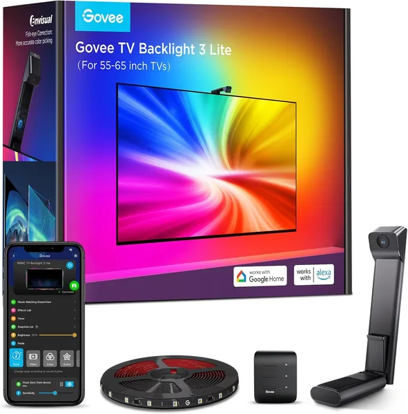 Govee WiFi RGBICW 3.6M with Camera, LED TV Backlight Lights 3 Lite with Fish-Eye Function, 4 Colors in 1 Lamp, Voice and App Control, LED Strip Suitable for 55 to 65 inch TV