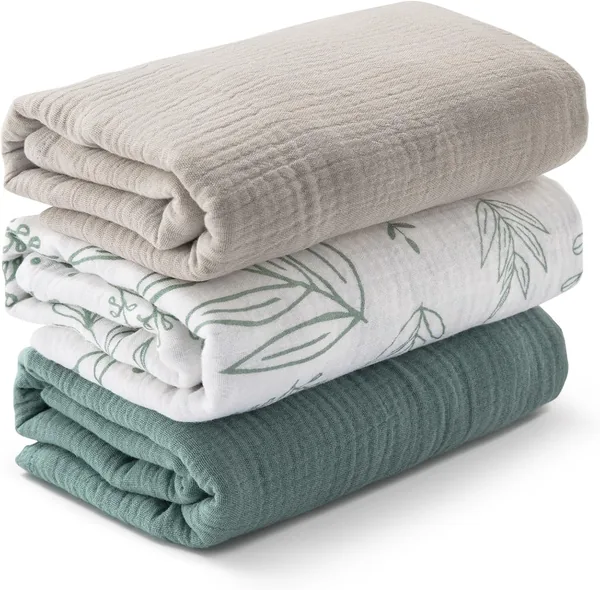 Muslin Swaddle Blankets for Newborn, 3 Pack Breathable Soft Receiving Wrap Burping Clothes Diapers Essentials Infant Shower Items
