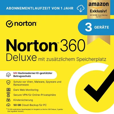 Norton 360 Deluxe mit extragroßem Cloud-Backup - Amazon Exklusiv* 25GB zusätzlicher Speicher
