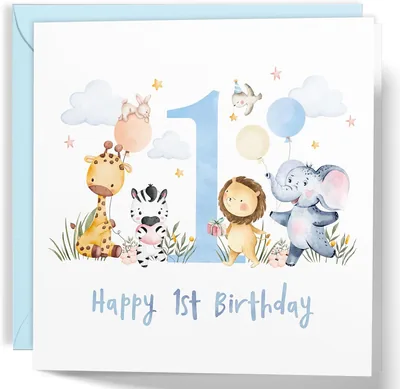 1st Birthday Card for Boys - Blue Jungle Animals Best Deal