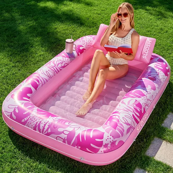 SLOOSH Inflatable Tanning Pool, 70x46 cm Stor Inflaterad Vattmat med Kukkeln, 4-i-1 Lounger