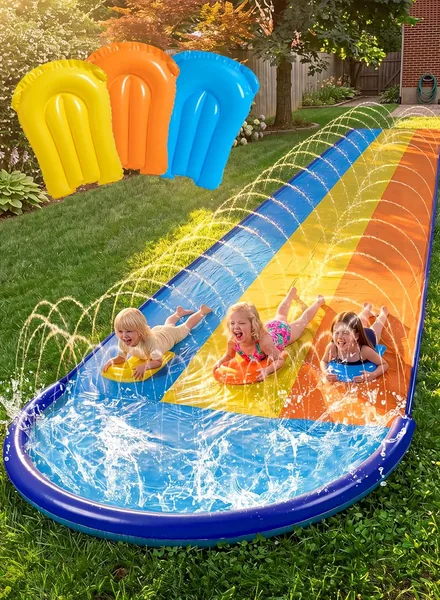 Sloosh Triple Water Slide met 3 Bodyboards, 22.5 FT Splaschield en Slide, Zomer Speelgoed Splash Pad met Ingebouwde A