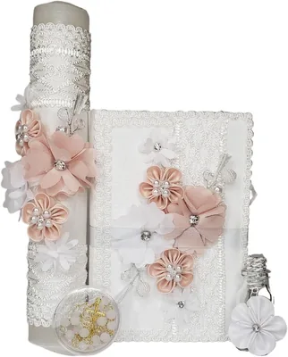 Juego de comunion con biblia forrada en tela y vela de parafina, decorado con flores - Mejor Oferta