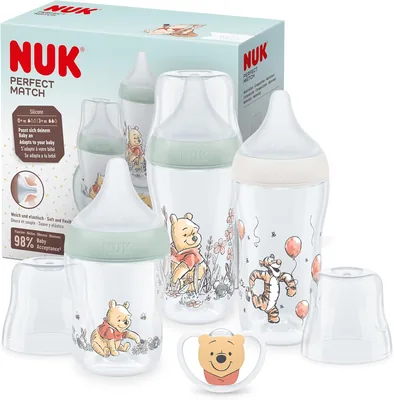 Conjunto de botellas NUK Perfect Match | 0-6 meses | Ajuste como el pecho materno | 3 botellas anti-colic y chupete espacio | Disney W