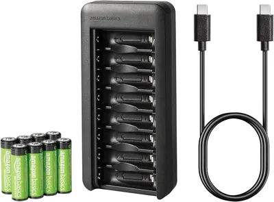 Amazon Basics Rechargeable NiMH Batteripset, 8 st 2000mAh AA-batterier med laddare, utan