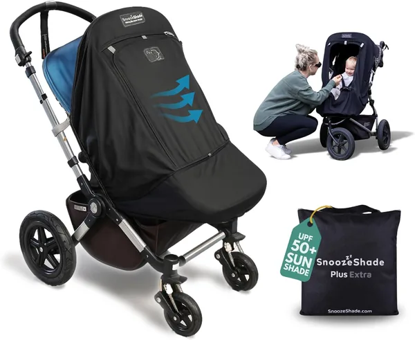 SnoozeShade Plus Extra Pram and Stroller Sun Shade Cover Blocks 99% UV UPF50+ Baby Sleep Aid