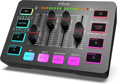 Mixeur audio FIFINE pour PC, RGB, Interface XLR pour micro, Contrôle individuel, Régulation du volume, Bouton mute, 48V Alimentation fantôme
