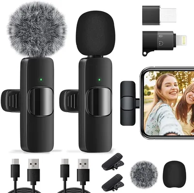 2 Pack Micrófono Inalámbrico, Microfono de Solapa para iPhone/iPad/Android/PC, Inalámbrico Lavalier Profesional