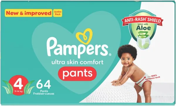 Pampers Anti-Rash Shield Pants - Size 4 (9-14 kg), 64 Diapers, Lotion with Aloe Vera | Save 27%