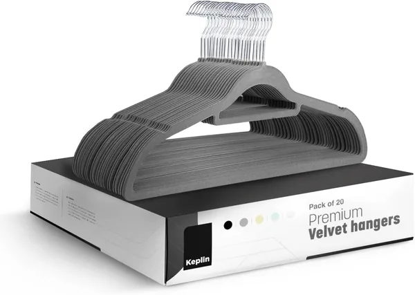 KEPLIN Velvet Hangers 20 Pack - Non-Slip Clothes Hangers with Tie Bar & 360° Hook - Durable & Sturdy