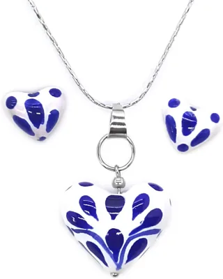 Juego de Collar y Aretes Talavera Poblana Hecho a Mano con Dije y Aretes de Corazón Azul, Regalo Moda Artesanal Mexicana Amor