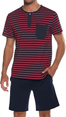 Leversic Homme Pyjama Été 2 Pièces en Coton avec T-shirt à Rayures et Shorts à Poches - Meilleur Prix