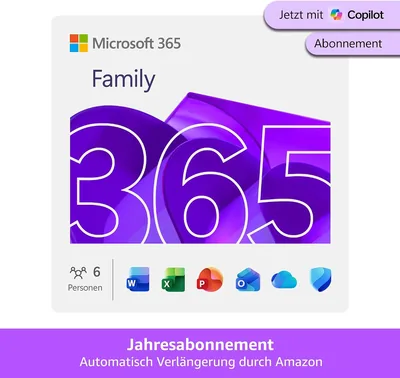 Microsoft 365 Family | 1 Jahr | bis zu 6 Personen | KI-gestützte Office-Apps | bis zu 6 TB Cloudspeicher | Amazon Abonnement mit Rabatt