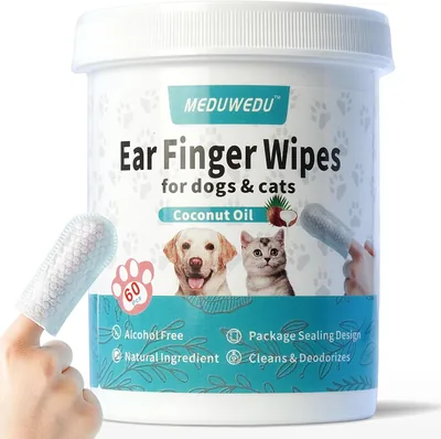 MEDUWEDU Ear Cleaner Finger Wipes 60 Counts - Dog & Cat Otic Cleaning Kit, Soft & Easy