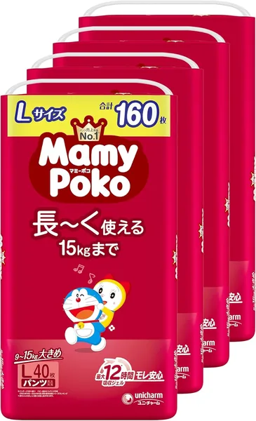 MamyPoko Doraemon Diapers, Pants, L Size, 19.8-33.1 lbs (9-15 kg), 160 Count