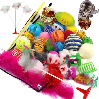 Quozuo 32 Pack Jouets Chat Assortis - Balle avec Cloches, Jouet Plume, Boules Crinkles pour Chatons - Accessoires Intérieurs