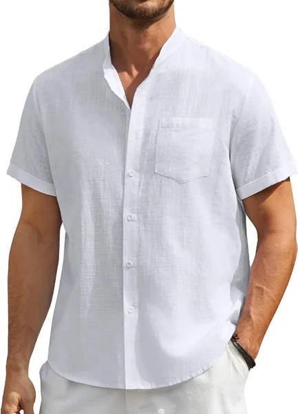 Chemise en lin pour homme à manches courtes - Henley solide Mao col - Plage d'été S-4XL