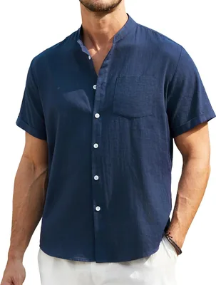 Enlision Homme Linen Henley Chemise à Manches Courtes Col Mao Décontractée Été S-4XL