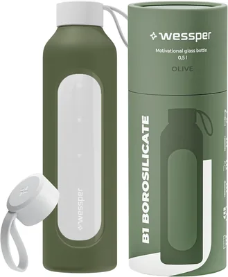 Botella de agua de vidrio Wessper, 500 ml, Botellas motivacionales - Oliva | Botella de hidratación con escala, Vidrio borosilicato