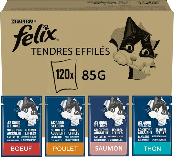 Felix | Tender Taperé | Aliment complet pour chats adultes | Sélection mixte : Bœuf, Poulet, Saumon, Thon | Gelée | Portion individuelle