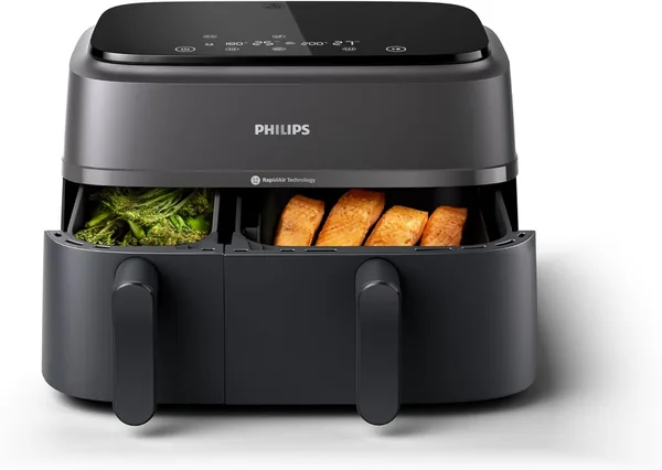 Philips Dual Basket AirFryer 3000 Series - 2750W, 9L Capacity, 2 Basket Drawers, 8 Presets Touchscreen, Black - NA350/00