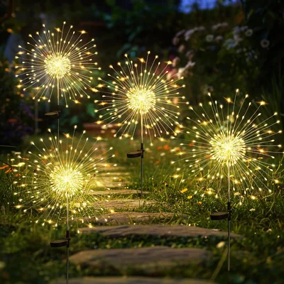 GIGALUMI Gartendekoration Solarleuchten im Set, 4x 120 LED Feuerwerk-Solarleuchten, wetterfestes Dandelion-Design