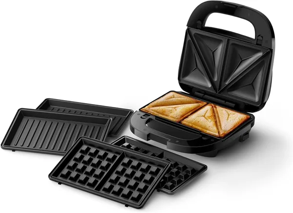 Philips Opiekacz do kanapek z serii 5000 - 3 zestawy płyt do panini, tostów i gofrów, Nieprzywierające płyty grillowe, Szczelne zamknięcie
