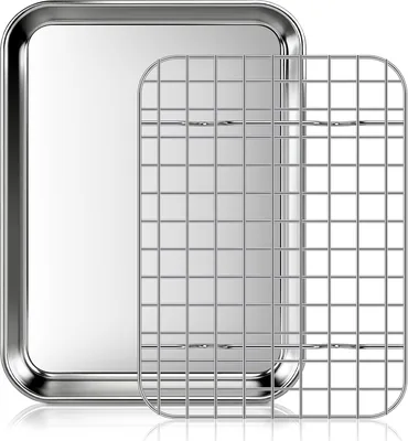 Fyr mer baktråd med kaltnät, inoxstål bakpan rektangular 23.5 x 17.5 x 2.5 cm, Med luk, Dishwasher Safe
