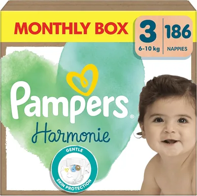 Pampers Harmonie Pieluszki Rozmiar 3, 186 szt., 6-10kg | Dla delikatnej skóry, 100% ochrony