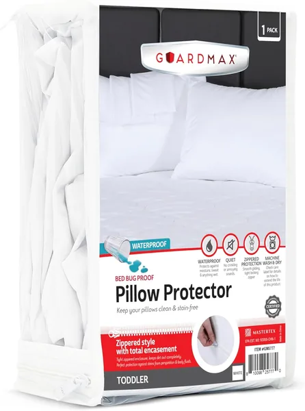 Guardmax Waterproof Pillow Protector White Toddler Size - Zippered Bed Bug Pillow Protector 1 Pack - Hypoallergenic