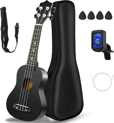 LSXD Ukelele Concierto de 23 Pulgadas, Ukelele Soprano Negro con 4 Cuerdas, Kit de Ukulele Tenor para Principiantes con Bolsa, Cor