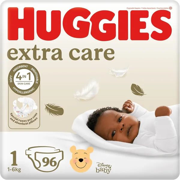 Huggies® Extra Care Nappies Size 1 (0-6kg) - 96 Nappies, 21% Off