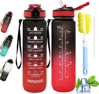 Butelka wodna sportowa 1L ze słomą i markerem czasu - BPA Free, Duża butelka do siłowni 1000ml z liną, szczelna - Best Deal