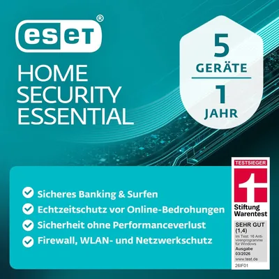 ESET HOME Security Essential 2026 | 5 Geräte | 1 Jahr | Firewall & Sicheres Surfen