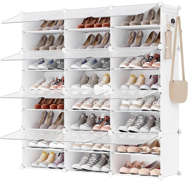 SONGMICS LPC040W01 12 Compartment Modular Shoe Rack for 48 Pairs of Entrance Shoes with Doors, Steel Frame and Plastic Shelves, Bedroom, White and Transparent
