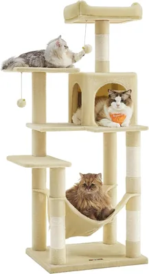 Arbre à chat Feandrea PCT161M01 de 143 cm avec 4 postes de grattage, 2 plateformes, 1 enclos, 1 hamac et 2 poils