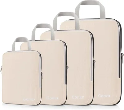 Compressie Pakken Kubussen Kledingzakken, Set van 4, Vierkant, Koffer Organiser, Beige (Set van 4) Best Deal