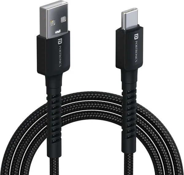 Portronics Konnect X USB to Type C Cable with 3A Output, Fast Charging & Data Transfer, Nylon Braided, Aluminium Alloy Shell, 1M Length compatible with Type C Smartphones (Black)