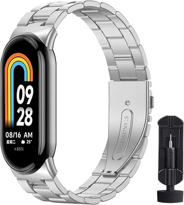 Ceintures en acier Bangting Compatibles avec Xiaomi Mi Band 8 et Xiaomi Smart Mand 8, Remplacement de bande métallique et 2 protections d'écran