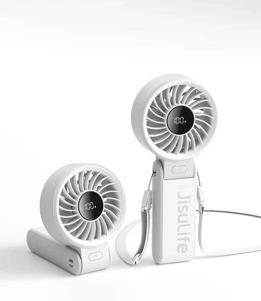 JISULIFE Hand Fan, Krachtige Draagbare Ventilator met LED-display, Tot 19,5 uur, 5000 mAh, 3-in-1 Handventilator Bureau Nek Mini Ventilator Tra