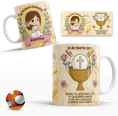 Recuerdos de Primera Comunión Niño o Niña 12 Tazas Blancas Personalizadas con Nombre y Fecha