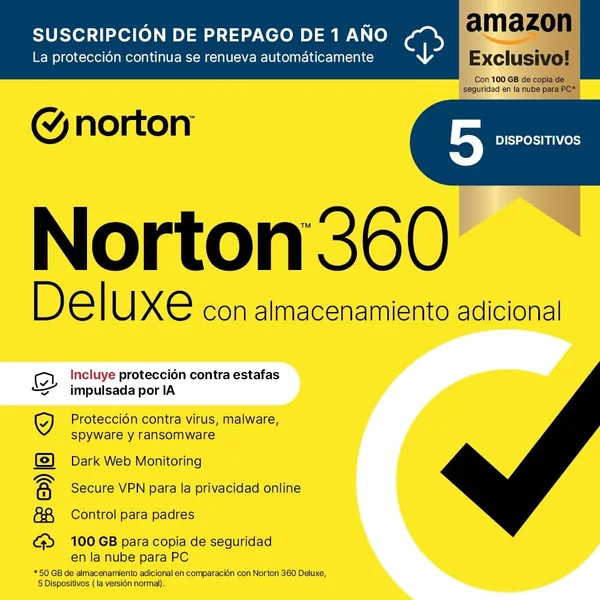 Norton 360 Deluxe Exclusivo Amazon | Antivirus para 5 dispositivos | 1 año con renovación automática | Descarga digital