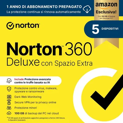 Norton 360 Deluxe - Spazio di Archiviazione Aggiuntivo | Backup Cloud 50 GB Extra | Antivirus per 5 Dispositivi | 1 Anno