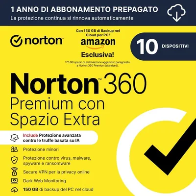 Norton 360 Premium | 78% di Sconto - Spazio di Archiviazione Aggiuntivo, Backup Cloud Esclusivo Amazon 75 GB, Antivirus per 10 Dispositivi, 1 Anno